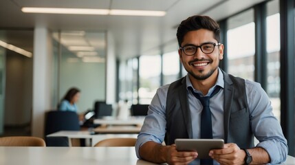 Happy young adult latin hispanic businessman executive entrepreneur holding tablet in office building