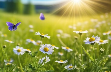 Purple butterfly flies over small wild white flowers in grass in rays of sunlight. Spring summer fresh artistic image of beauty morning nature. Selective soft focus.