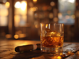 Wall Mural - A glass of whiskey with ice sits next to a smoking cigar. 