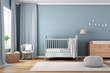 3D rendering of a modern minimalist nursery with a crib, a changing table, a nursing chair, and a soft rug on the floor.