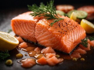 Wall Mural - Fresh salmon fillet steak with veggies, cinematic food photography, cuisine