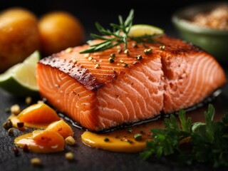 Wall Mural - Fresh salmon fillet steak with veggies, cinematic food photography, cuisine