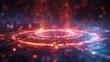 A digital abstract image featuring glowing particles descending onto a circular, futuristic platform with a bokeh effect, generative ai