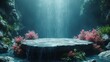 A serene waterfall cascades onto a rocky ledge surrounded by lush pink flowers and misty ambiance, generative ai