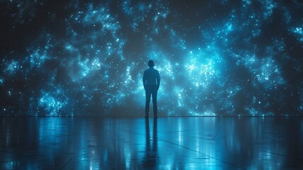 Wall Mural - A lone silhouette stands before an expansive starry cosmos, evoking awe on a seemingly reflective surface