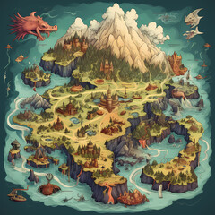 Sticker - Fantasy map with mythical lands and creatures. 