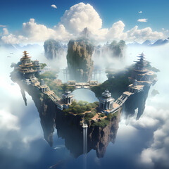 Poster - Floating islands with ancient temples in the clouds