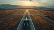 © FoxGrafy - Aerial view of an airplane landing on a runway, intricate details of the airport layout visible, clear blue sky, precise shadow casting on the ground