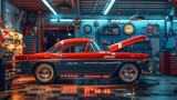 Fototapeta Perspektywa 3d - A classic red and black car with an open hood in a well-lit automotive garage