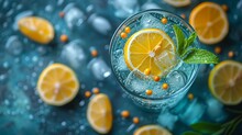 A Refreshing Drink With Lemon Slices, Mint, Ice Cubes, And Bubbles On A Vibrant Blue Background