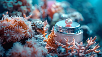 Wall Mural - Close-up of a luxurious skin care cream jar with a gleaming pearl on top, set against an enchanting underwater backdrop, colorful coral and marine life surrounding, highlighting the product