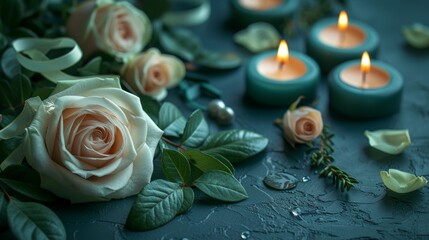 Wall Mural - The image shows blooming roses, tealight candles, green leaves, and petals on a textured surface