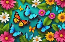 Beautiful Floral Background, Panorama. Leaves, Colorful Flowers, Caterpillars, Butterflies. Bright Spring And Summer Banner For Cover Social Network, Invitation, Wedding, Holiday. Illustration