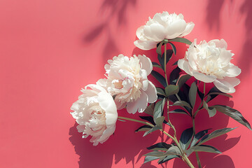 Wall Mural - large fresh white peonies on a pink background in the