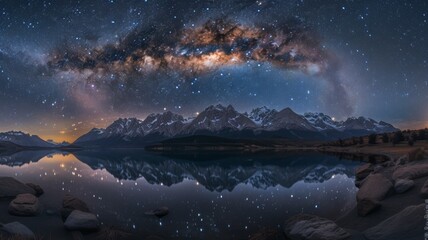 Milky Way galaxy arching over a serene mountain lake, reflection of countless stars shimmering on the water's surface, the night sky lit up with the glow of distant galaxies