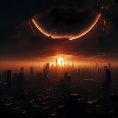 Poster - Solar eclipse over a city with futuristic architecture