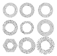 Circuit board circle frames. Abstract digital round frame, hardware board and electronic motherboard pattern set. Programming science, computer system elements