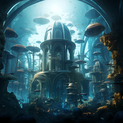 Sticker - Underwater city with transparent domes. 