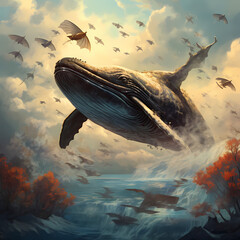 Canvas Print - Whale flying in the sky with birds.