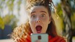 beautiful woman exited surprise face expression . female feels shocked with the phone. exciting smile and happy adorable rejoices. Very enjoy and fun relax time. wow, girl holding smartphone..