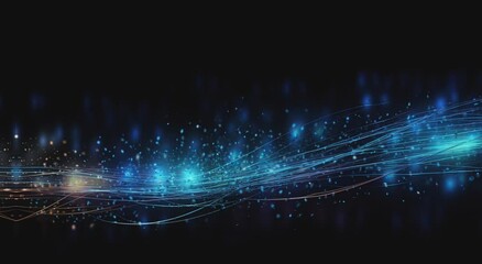 An abstract composition of digital blue particles flowing in wave-like formations, set against a backdrop of bokeh and radiant light