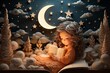 Toddler reading under crescent Moon, immersed in the beauty of nature and art