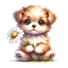 Aufkleber - Whimsical puppy with flowers watercolor illustration created with Generative AI technology