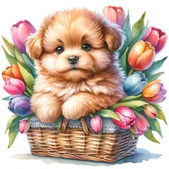 Aufkleber - Whimsical puppy with tulips watercolor illustration created with Generative AI technology