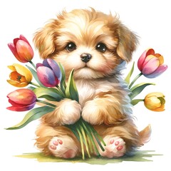 Aufkleber - Whimsical puppy with tulips watercolor illustration created with Generative AI technology