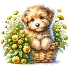 Aufkleber - Whimsical puppy with flowers watercolor illustration created with Generative AI technology