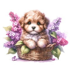 Aufkleber - Whimsical puppy with lilac flowers watercolor illustration created with Generative AI technology