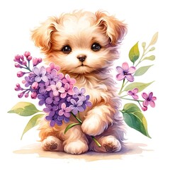 Aufkleber - Whimsical puppy with lilac flowers watercolor illustration created with Generative AI technology
