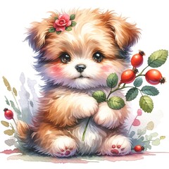 Aufkleber - Whimsical puppy with flowers watercolor illustration created with Generative AI technology