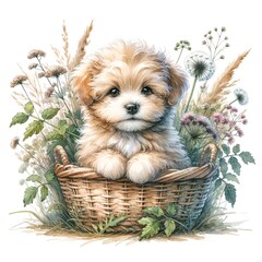 Aufkleber - Whimsical puppy with flowers watercolor illustration created with Generative AI technology