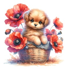 Aufkleber - Whimsical puppy with poppy flowers watercolor illustration created with Generative AI technology