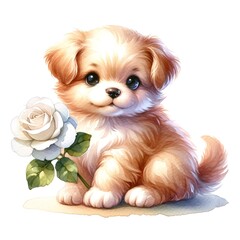 Aufkleber - Whimsical puppy with rose watercolor illustration created with Generative AI technology