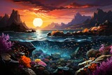 Fototapeta Do akwarium - A painting of a sunset over a coral reef with mountains in the background