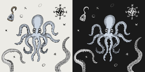 octopus kraken ink pen illustration retro old vintage vector illustration realistic sketch