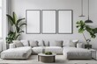 This modern living room embodies elegance with its spacious design, featuring a comfortable sectional sofa, sleek pendant lighting, and a trio of blank picture frames