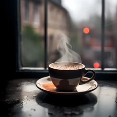 Poster - A steaming cup of coffee on a rainy window sill. 