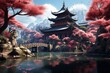 there is a pagoda in the middle of a lake surrounded by cherry blossom trees