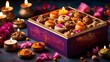 © Qazi Sanawer - Indian sweets are found in Diwali boxes. Gift box of mixed Diwali sweets. Diwali Deepavali celebrations with lights, candles, flowers, and vibrant, traditional foods and sweets in boxes