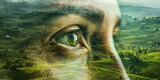 Fototapeta Natura - A persons eyes gazing at a green landscape, reflecting a deep connection with nature , concept of Eco-consciousness
