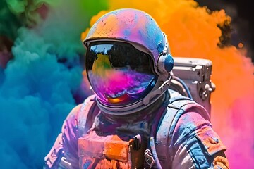 Wall Mural - Astronaut in outer space. Man in spacesuit and helmet with colorful paints
