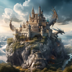 Poster - Fantasy castle on a hill with a dragon. 