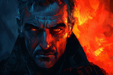 Wall Mural - the face of an evil man.A man depressed showing emotion and evil in the intense eyes.
