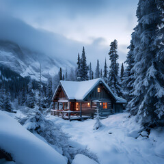 Poster - Mountain cabin covered in snow.