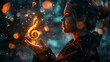 woman holding musical note notes and glowing music co