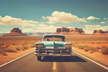 Wall Mural - A vintage car driving on highway with landscape of American’s Wild West with desert sandstones.