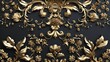 3d golden ornament on black background, in the style of asymmetrical compositions, rococo ornamentation